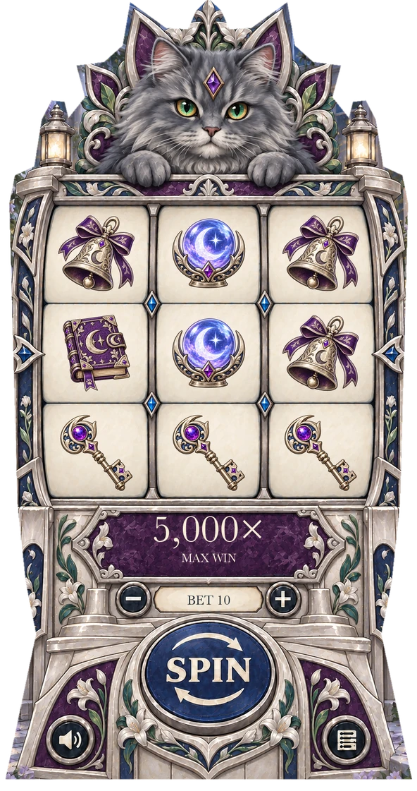 Silver cat cabinet with purple moonlit treasures
