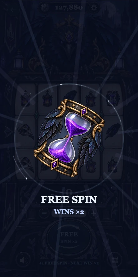 Full-screen purple hourglass free spin presentation