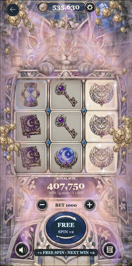 Cat cabinet with sparkling winning symbols and a coin celebration